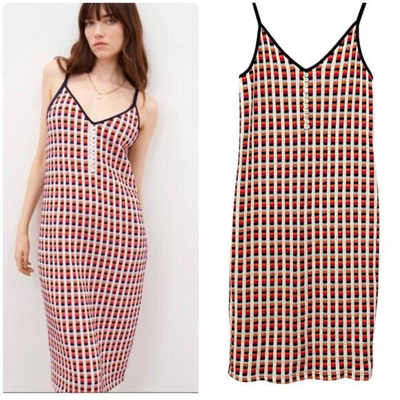 Zara Red Blue White Knit Window Pane Pattern Midi Slip Sleeveless Dress S Retro - Picture 1 of 10